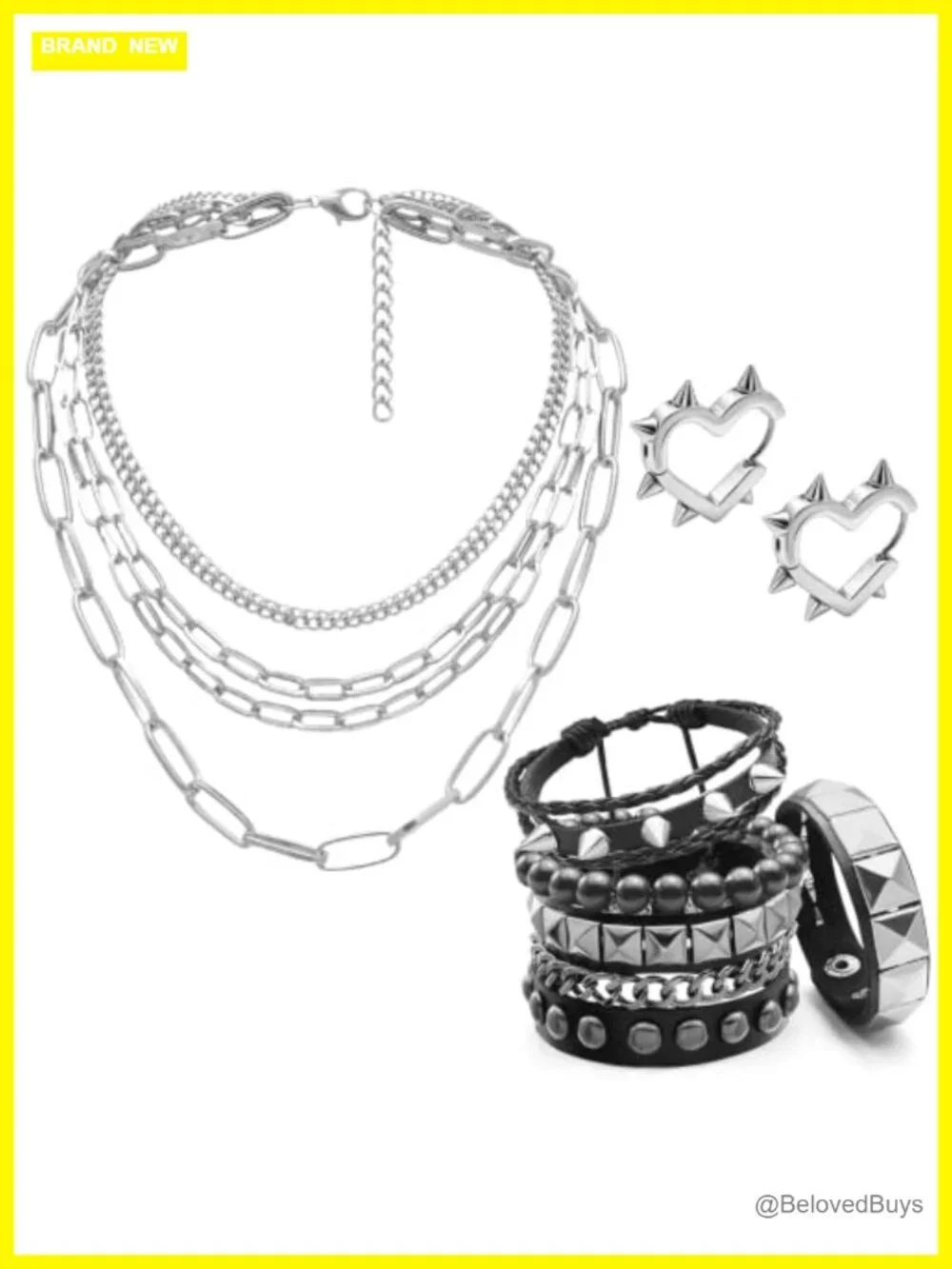 6 Pc Punk Studded Bracelet Set Gothic Necklace Earrings Faux Leather Y2K Grunge